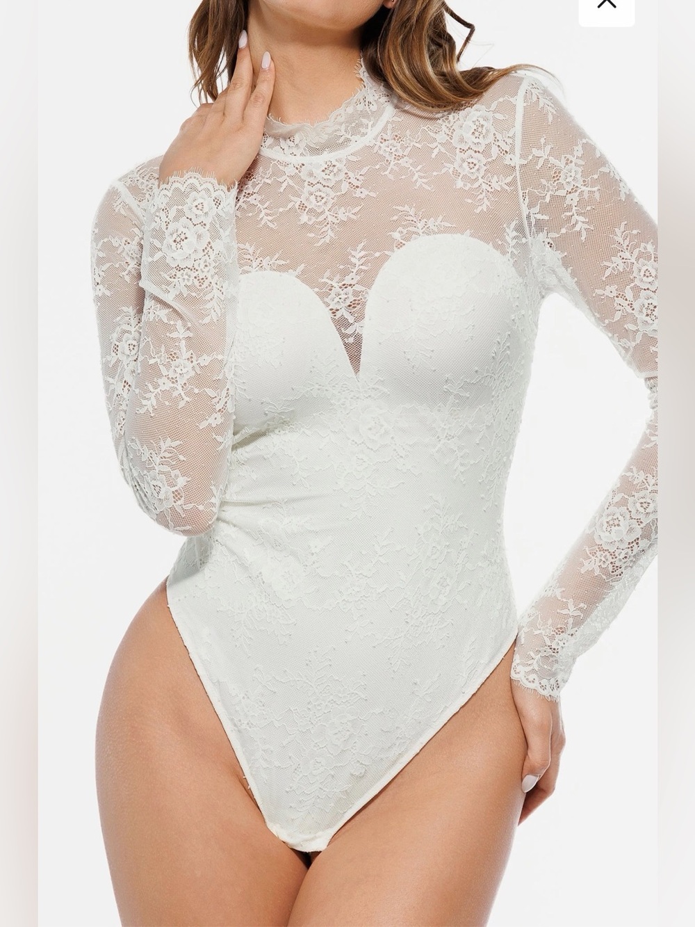 Shapewear Mock Neck Long Sleeve Floral Lace Bodysuit Popilush Large BNWT $70